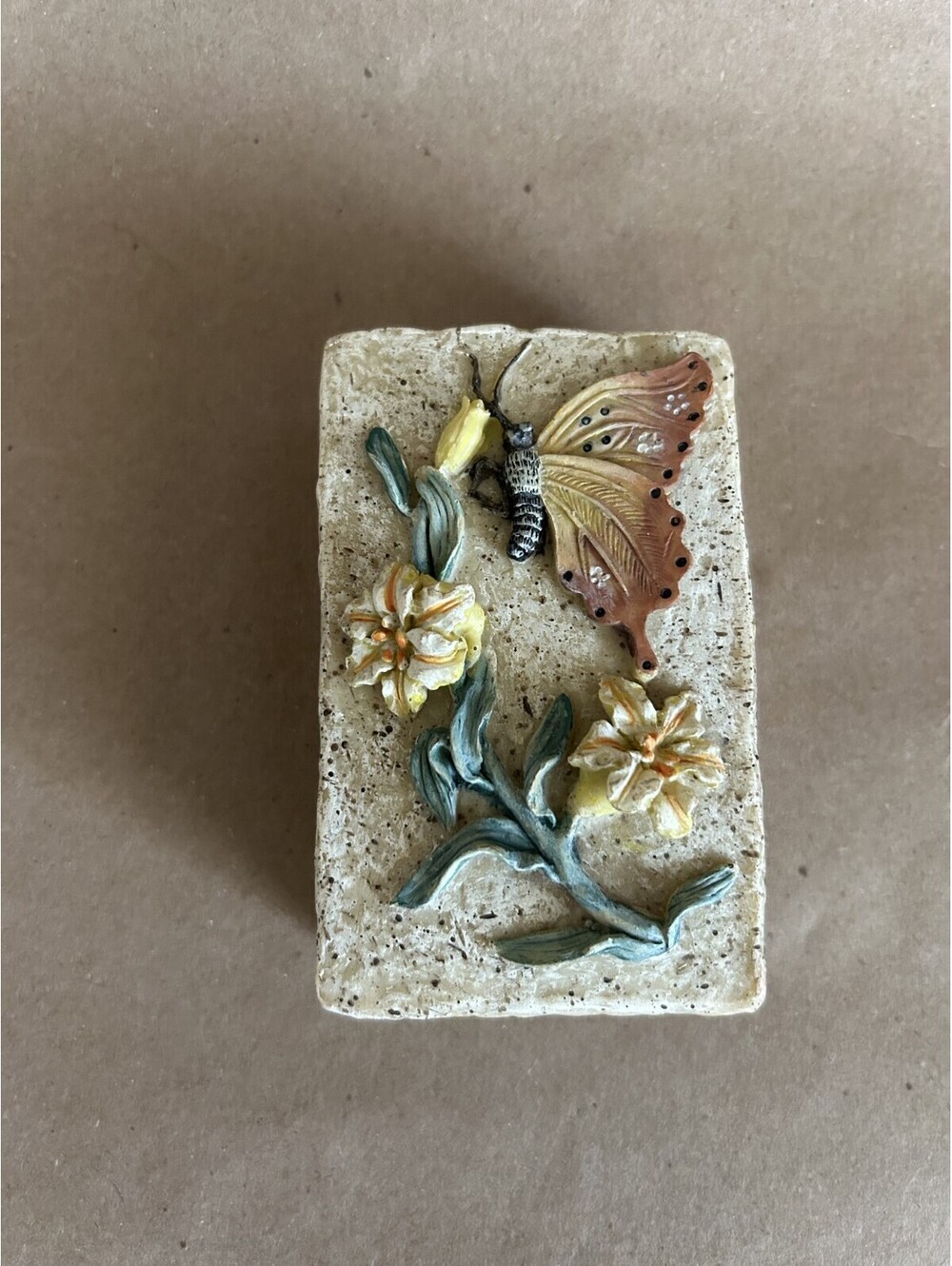Vintage Stone Resin Butterfly Trinket Box Floral Faux Stone Jewelry Box